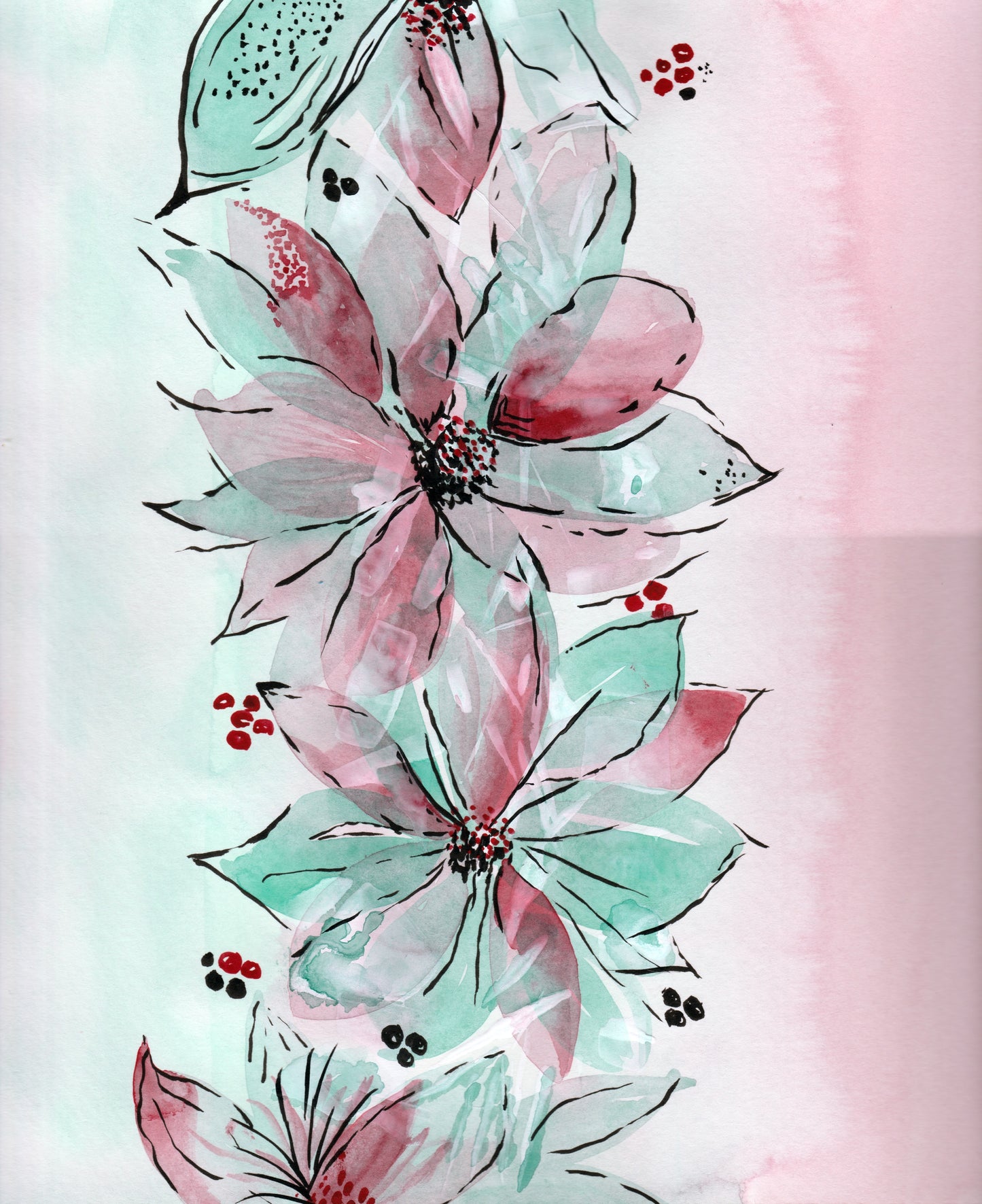Green and Pink Watercolor Flowers