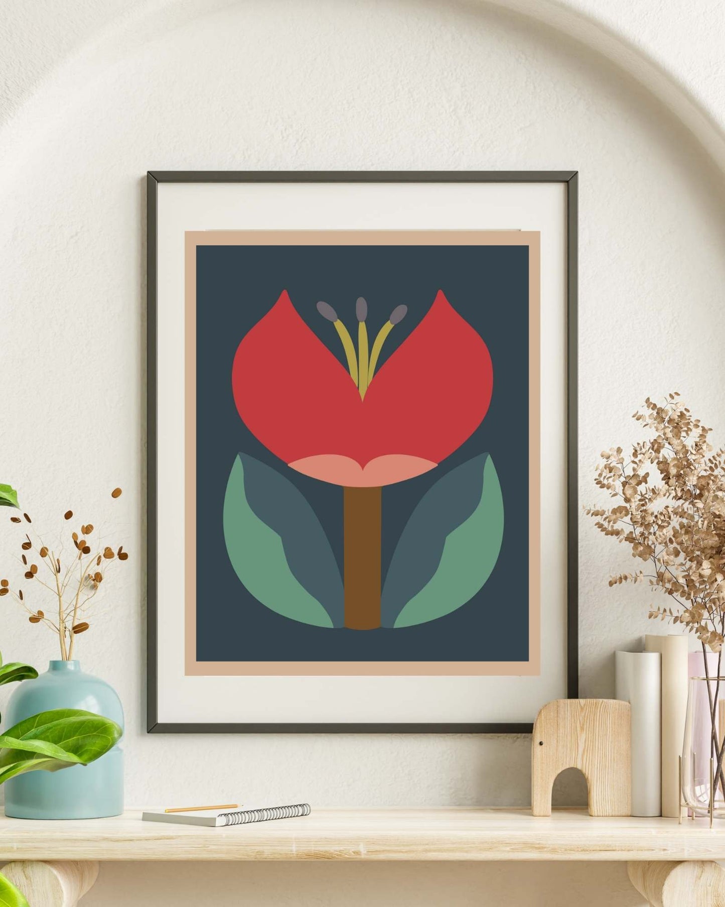 Crimson Bloom: Modernist Floral Art Print